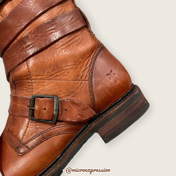 $389 Veronica Tanker Cognac Brown Real Leather Strappy Belted Moto Combat Boots - Picture 9 of 14